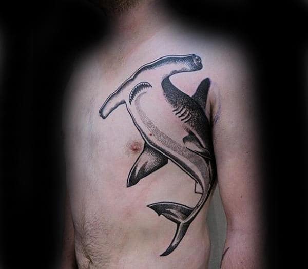 Ribs And Chest Hammerhead Shark Dotwork Male Tattoos