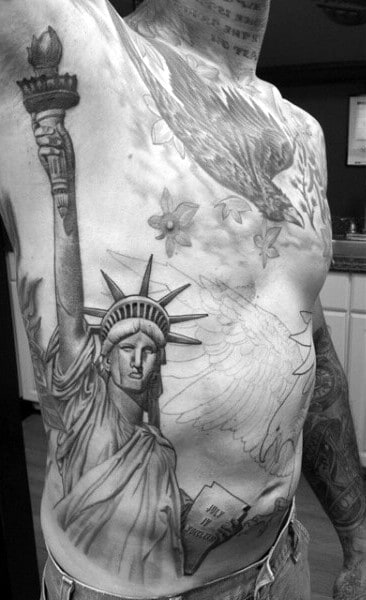 Ribs Statue Of Liberty Tattoo For Men With Torch