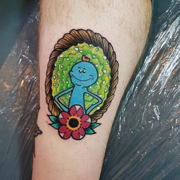 Tattoo of Mr. Meeseeks from Rick and Morty standing confidently inside a rope-framed portal with a green background and a flower at the bottom.
