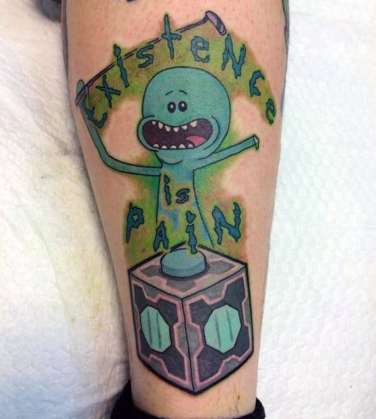 Tattoo of Mr. Meeseeks from Rick and Morty standing on a Meeseeks Box, holding a golf club, with 'Existence is Pain' in green lettering.
