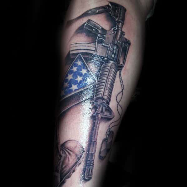 Rifle With Flag Fallen Soldier Guys Military Leg Tattoo