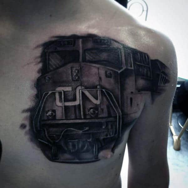 Right Chest Black Train Tattoo For Men