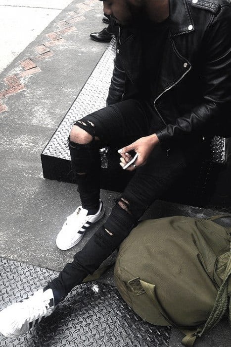 Ripped Jeans With Leather Jacket All Black Outfits For Men