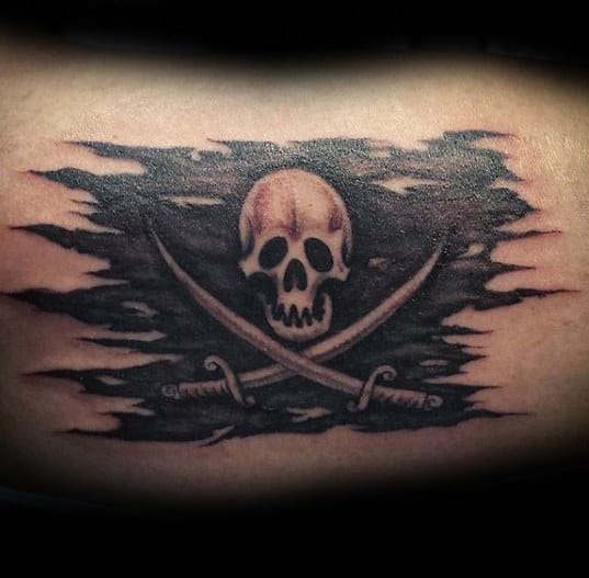 Ripped Pirate Flag Mens Outer Arm Tattoo Design Ideas