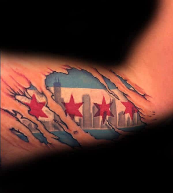 Ripped Skin Bicep Chicago Flag Guys Tattoo Design Ideas
