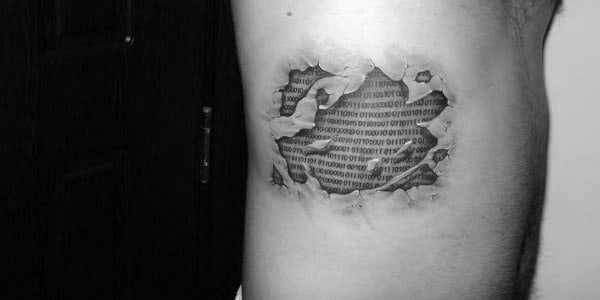 Ripped Skin Binary Numbers Guys Tattoo Designs On Rib Cage Side Of Body