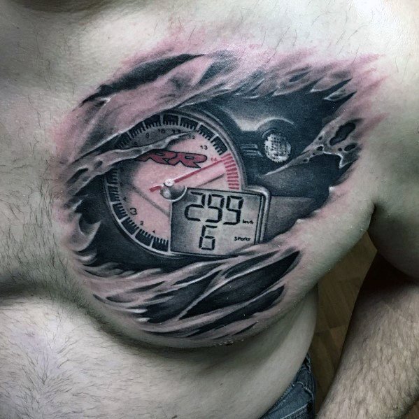 Realistic BMW S1000RR speedometer tattoo on chest, featuring a torn skin effect and bold shading for a high-speed, adrenaline-fueled design.