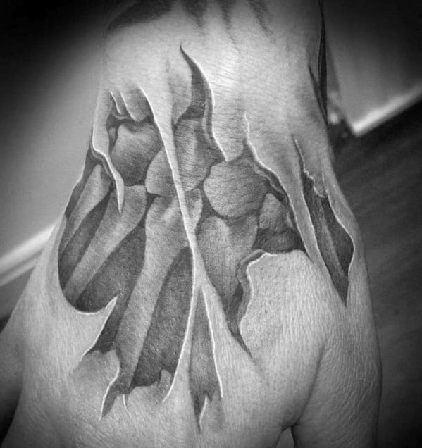 Ripped Skin Bones 3d Mens Hand Tattoo Ideas