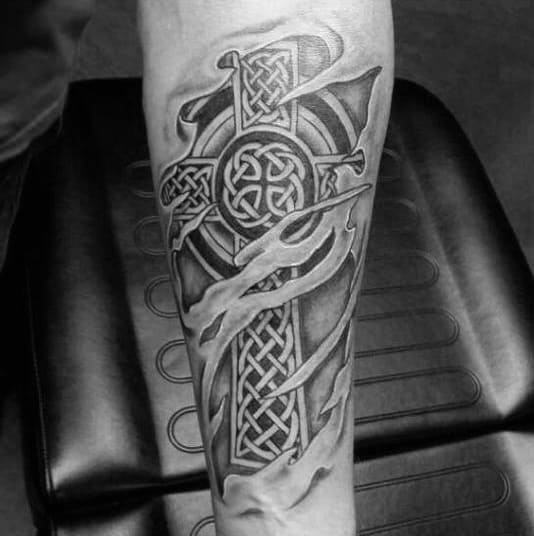 Ripped Skin Celtic Cross Forearm Tattoos For Guys