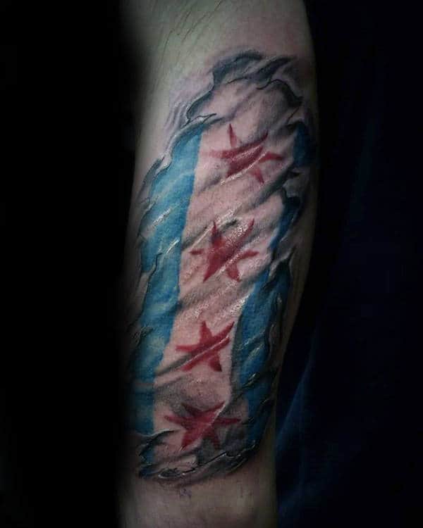 Ripped Skin Chicago Flag Tattoo On Males Forearms