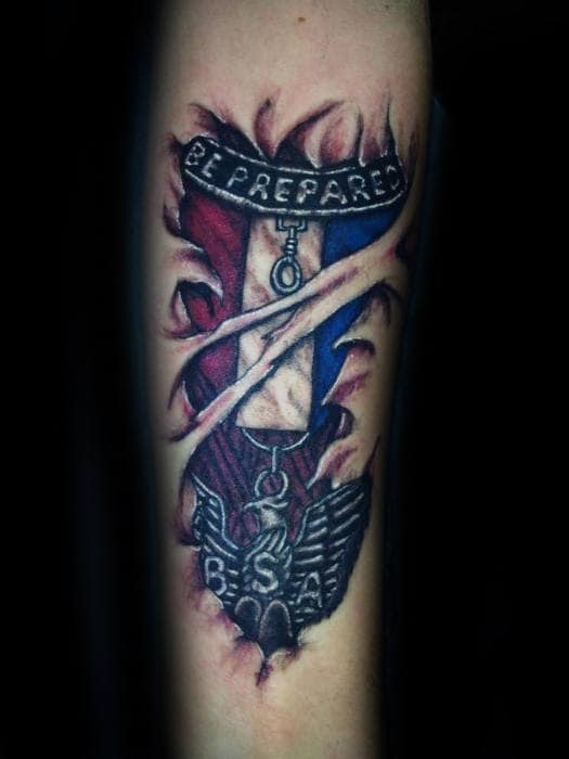 Ripped Skin Eagle Scout Forearm Tattoos For Guys