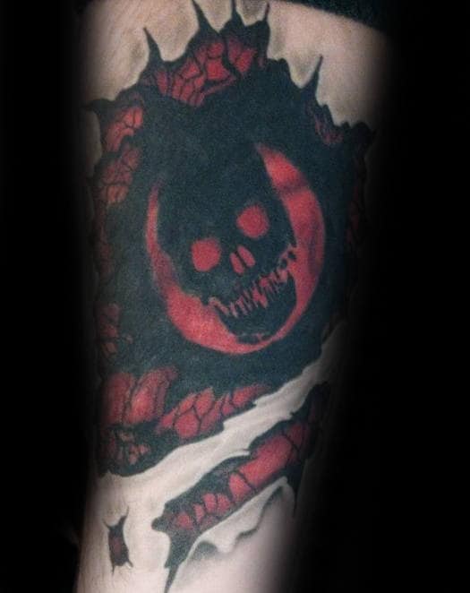 Ripped Skin Gears Of War Black And Grey Inner Forearm Tattoos For Men
