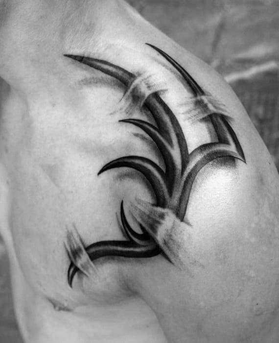 Ripped Skin Guys 3d Realistic Tribal Tattoo On Shoulder