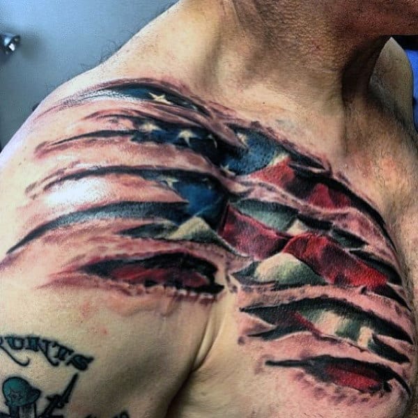 Ripped Skin Guys Bald Eagle And American Flag Tattoos On Chest