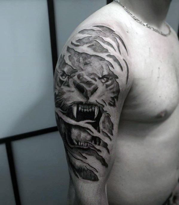 Ripped Skin Guys Roaring Lion Unique Arm Half Sleeve Tattoo