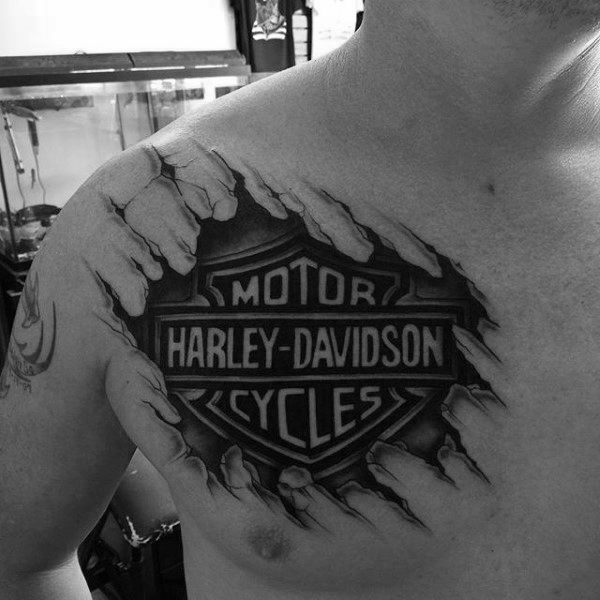 Ripped Skin Harley Davidson Logo 3d Guys Upper Chest Tattoo With Black Ink