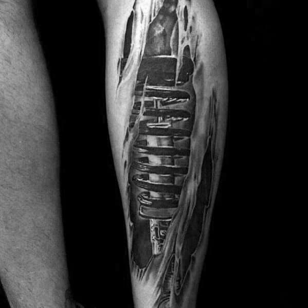 Ripped Skin Heavily Shaded Shock Absorber Leg Suspension Tattoo Designs For Guys