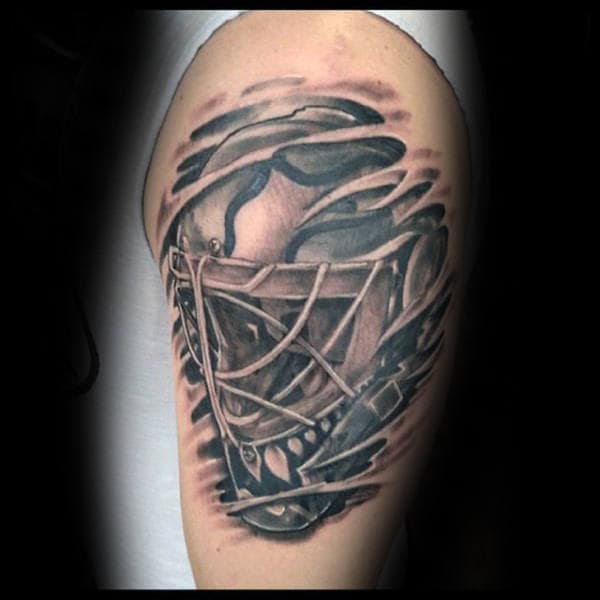 Ripped Skin Hockey Mask Male Arm Tattoo Ideas