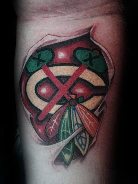 Ripped Skin Male Hockey Chicago Blackhawks Tattoo Design