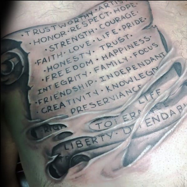 Ripped Skin Male Scroll Chest Tattoo Designs