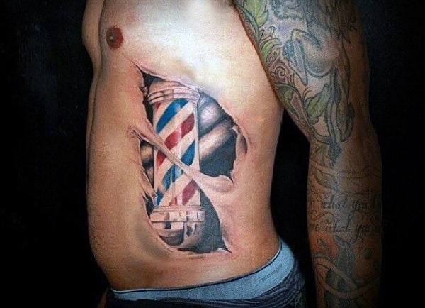 Ripped Skin Mens Barbershop Pole Tattoos On Rib Cage Side