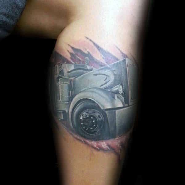 Ripped Skin Mens Semi Truck Leg Tattoos
