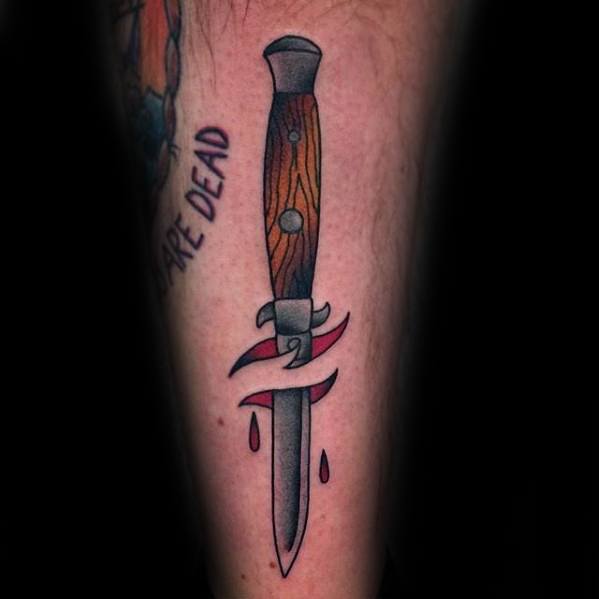 Ripped Skin Old School Mens Tattoo Ideas With Switchblade Design On Leg