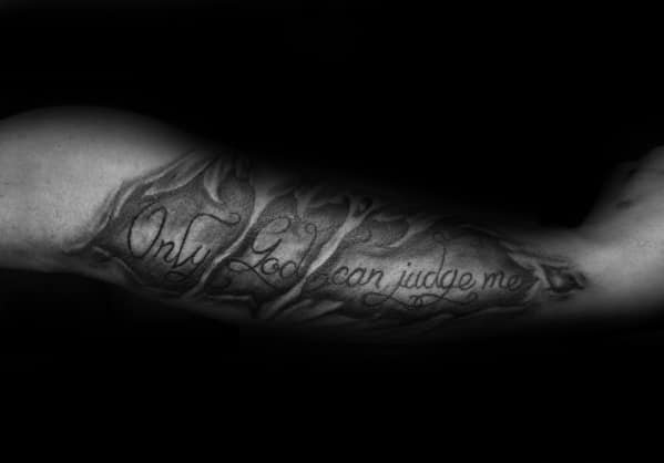 ripped skin only god can judge me guys outer forearm tattoo
