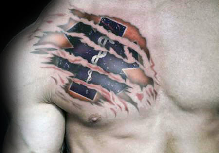 Ripped Skin Outer Space Star Of Life Upper Chest Tattoos For Guys