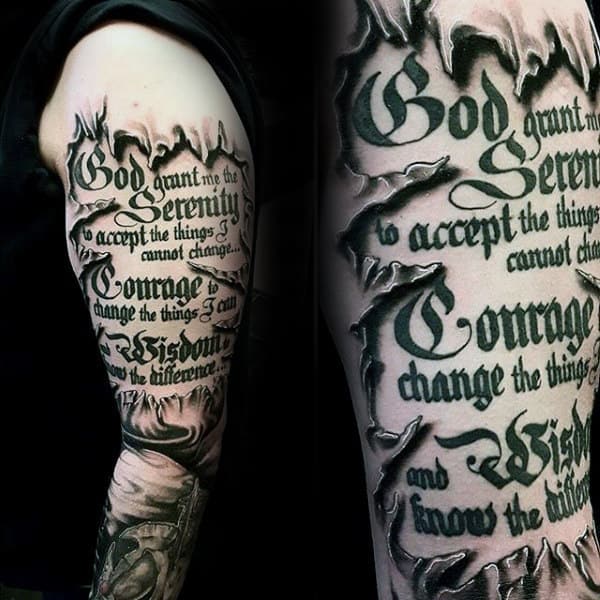 Ripped Skin Serenity Prayer Guys Arm Tatotos