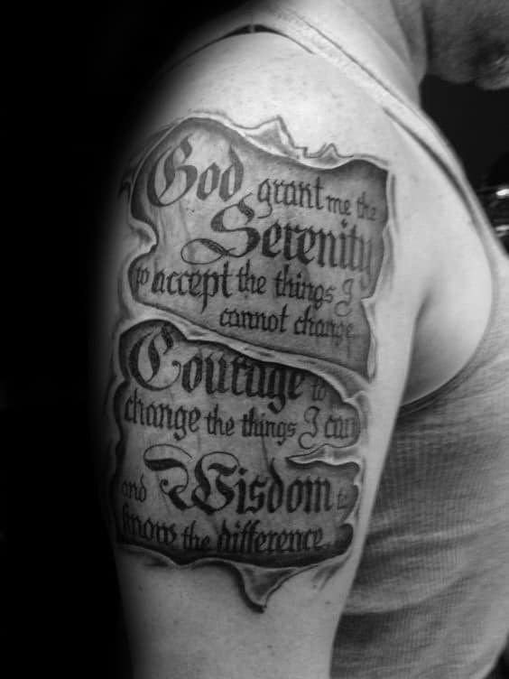 Ripped Skin Serenity Prayer Scroll Guy Upper Arm Tattoos