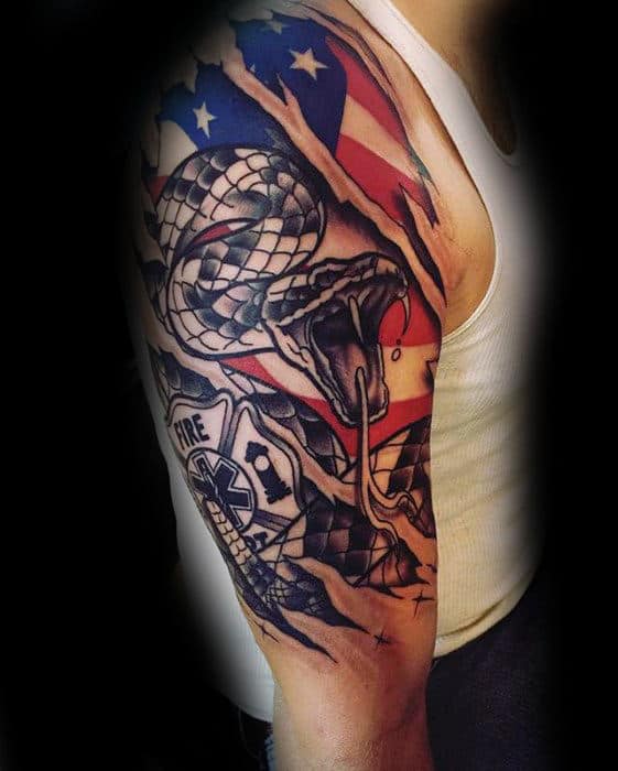 Ripped Skin With Us Flag And Star Of Life Guys Half Sleeve Emt Tattoos