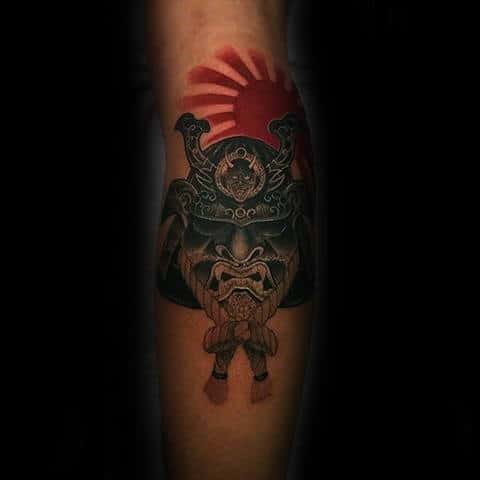 Rising Red Sun Mens Japanese Samurai Helmet Leg Tattoos