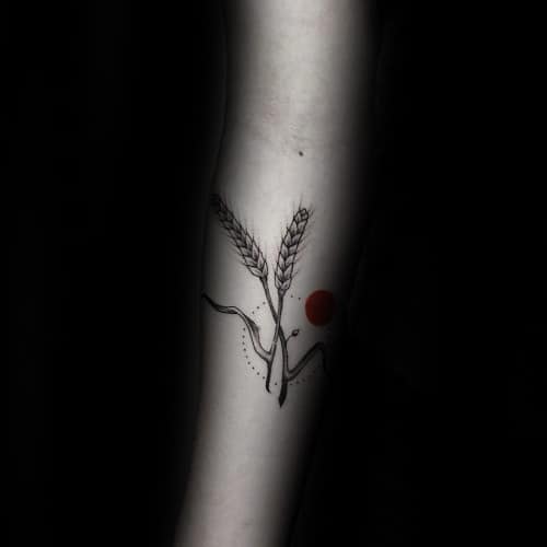 Rising Red Sun With Wheat Male Inner Forearm Tattoo Design Ideas