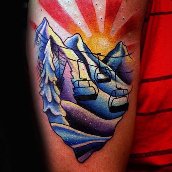 Rising Sun And Cable Cars Snowboard Tattoo Male Forearms