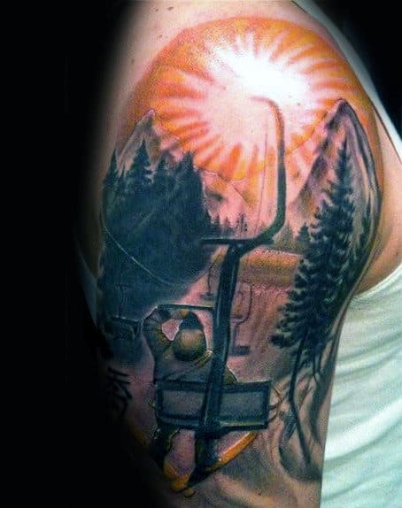Rising Sun Chair Lift Skiing Mens Half Sleeve Tattoos