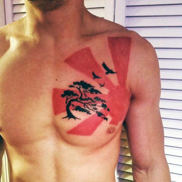 Rising Sun Chest Red And Black Guys Tattoos