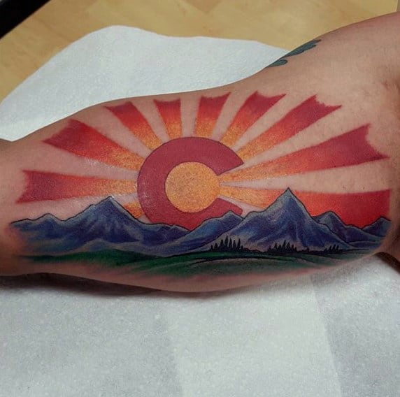 Rising Sun Colorado Mens Inner Arm Bicep Tattoos