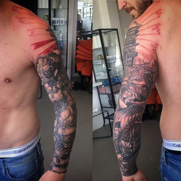 Rising Sun Koi Dragon Mens Full Sleeve Tattoos