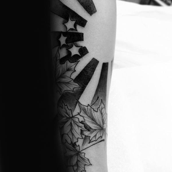 Rising Sun Maple Leaf Forearm Tattoo On Man