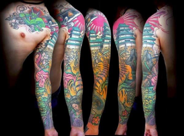 Rising Sun Mens Japanese Tiger Full Sleeve Tattoos