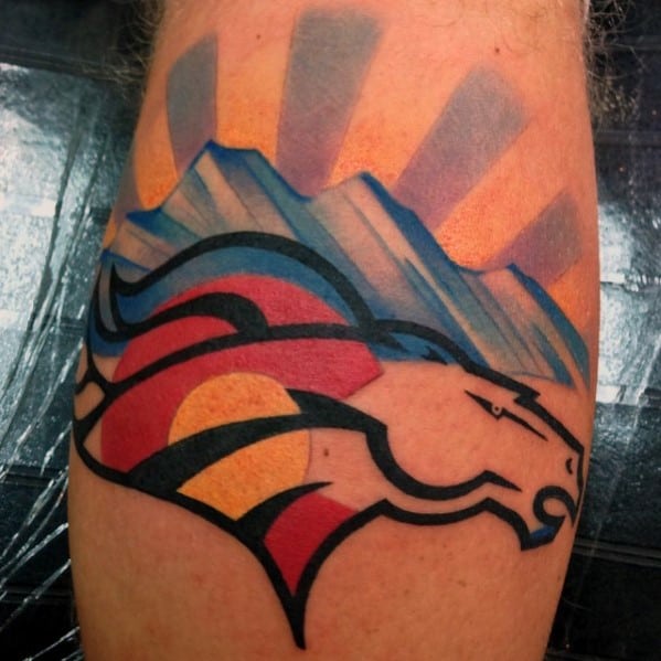 Rising Sun Over Mountains Denver Broncos Male Leg Tattoo