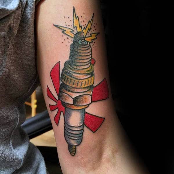 Rising Sun Spark Plug Mens Inner Arm Tattoos