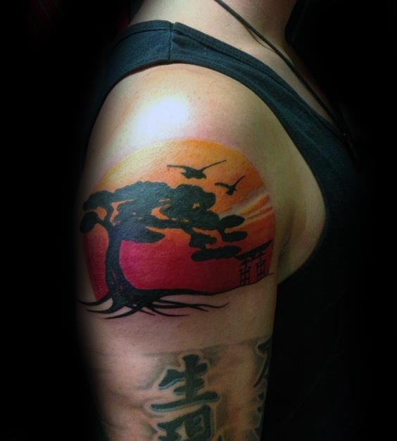 Rising Sun With Birds Bonsai Tree Upper Arm Male Tattoo