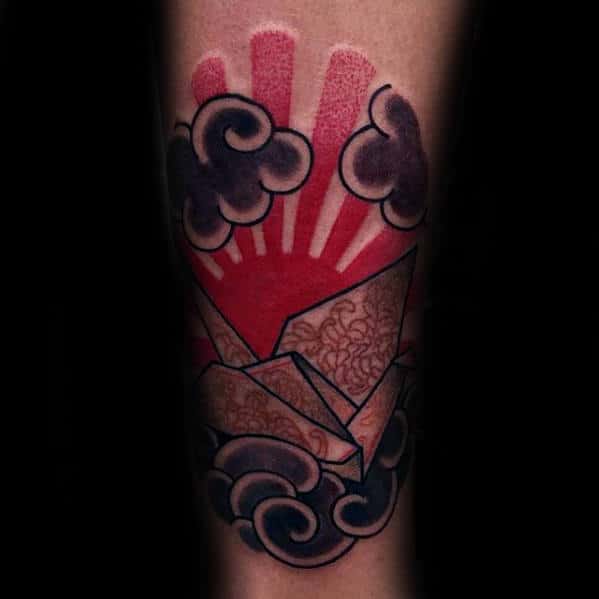 Rising Sun With Origami Japanese Crane Mens Forearm Tattoo