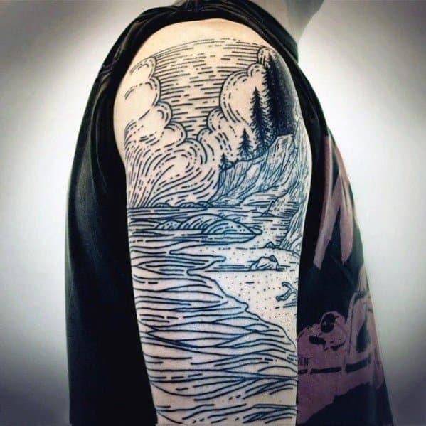 River Guys Tattoo Designs Woodcut Half Sleeve