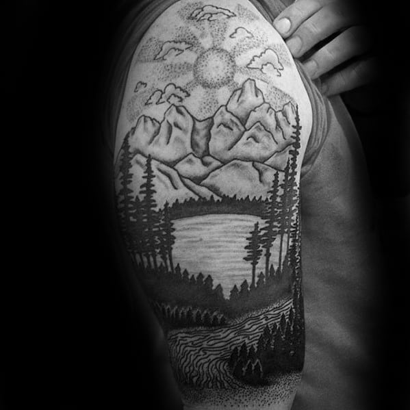 River Tattoo Design On Man Half Sleeve