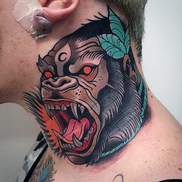 Roaring Ape Mens Colorful Neo Traditional Neck Tattoos