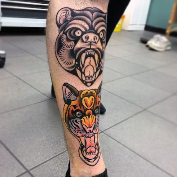 Roaring Bear And Tiger Traditional Leg Tattoos For Guys