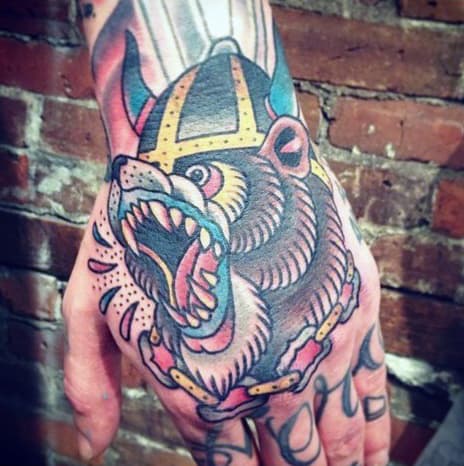 Roaring Bear With Viking Helmet Guys Traditional Tattoo On Hand
